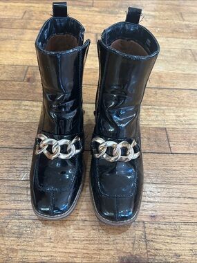 Steve Madden Black Patent Boots with Gold Chain